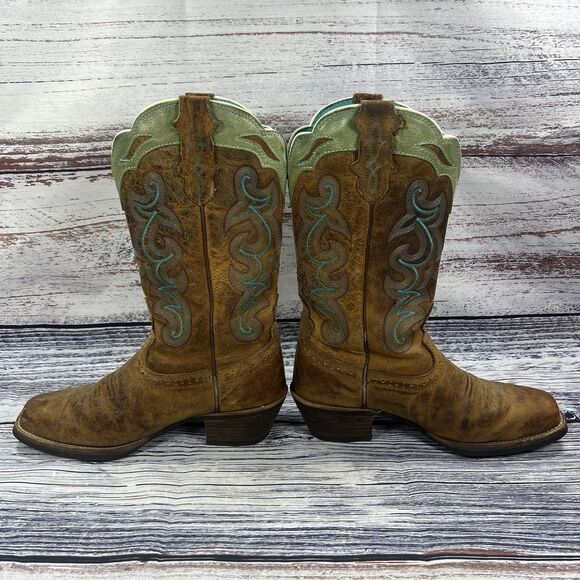 Justin Sevana Brown & Green Leather Square Toe Western Boots SVL7312 Women’s 9 - Picture 3 of 7